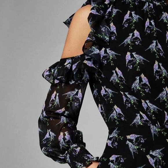 Ted Baker Hilaina Love Birds Midi Dress Black Cold Shoulder Size 0 or US 2 - Picture 4 of 13